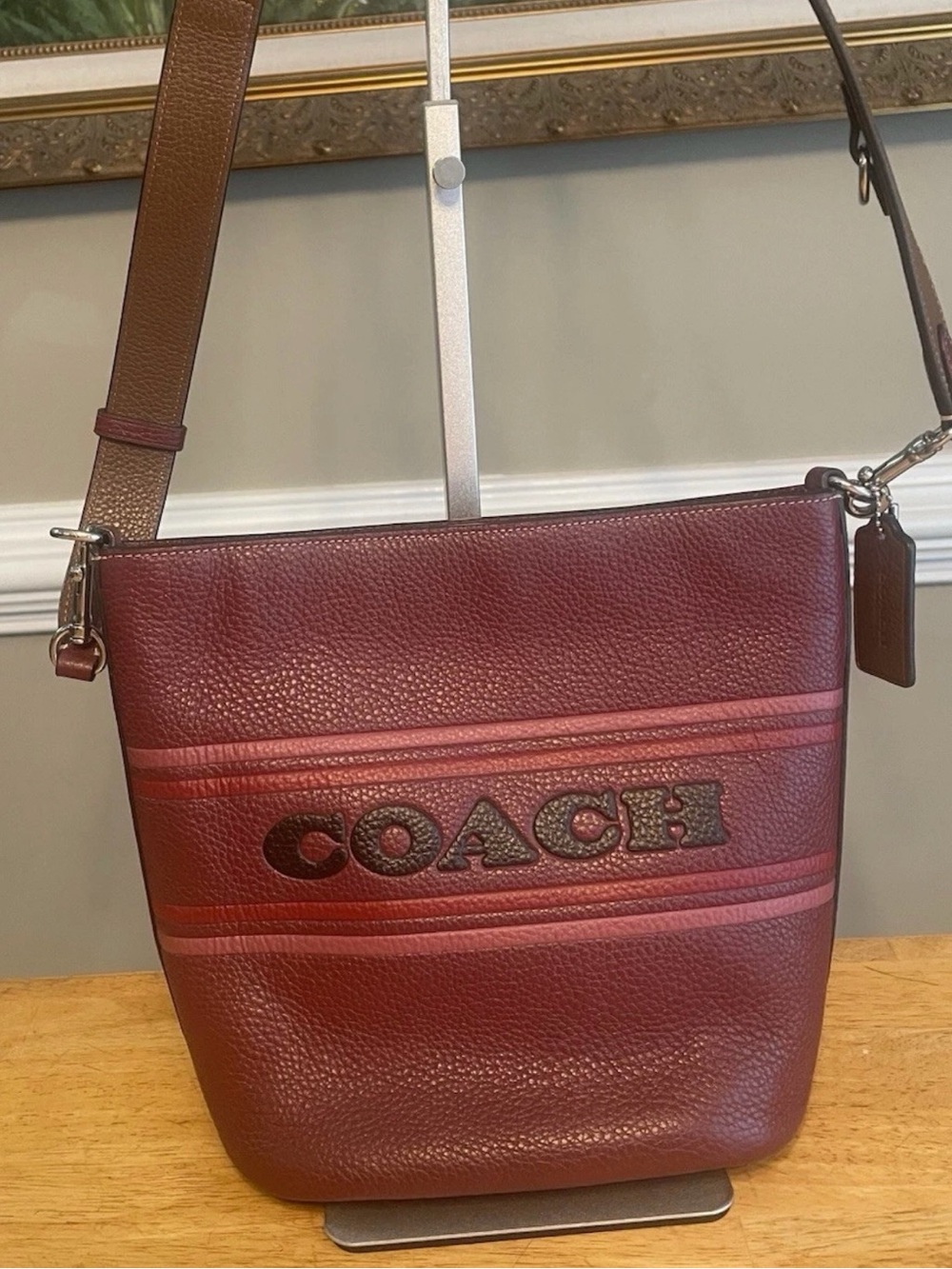 🍂 COACH LOGAN DUFFLE STRIPE XBODY REFINED PEB LTHR BUCKET GENTLY CARRIED *RARE*